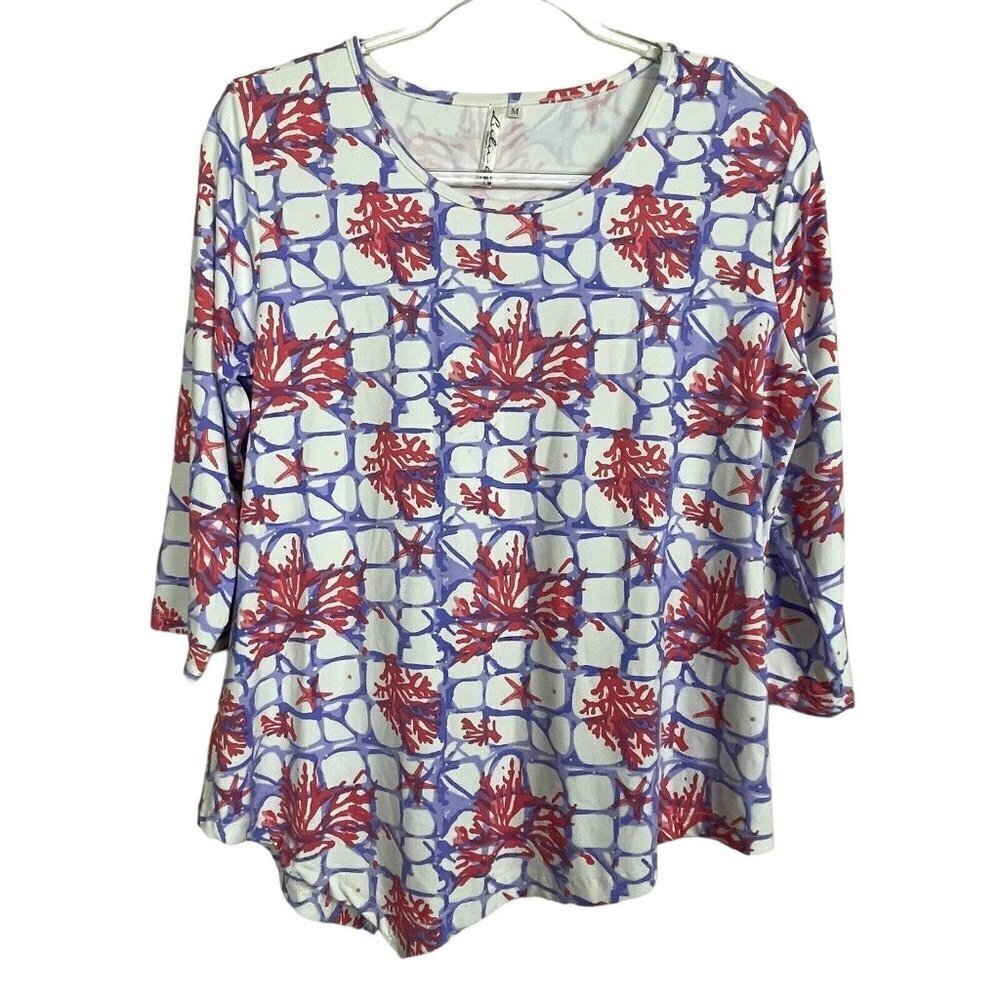 Lulu-B Coral Starfish Print Top Womens M White Red Purple 3/4 Sleeve Coastal